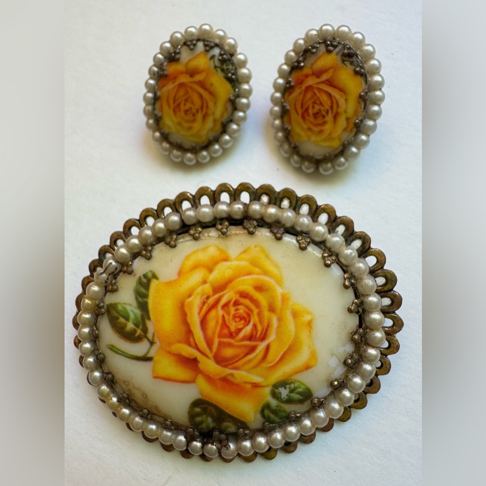 Vintage-Style Yellow Rose Porcelain Brooch and Clip-on Earring Set